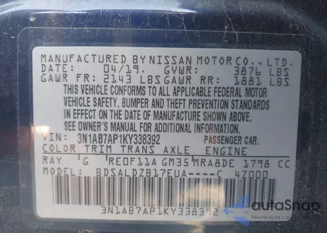 2019 Nissan Sentra Sv из США, поврежденный, VIN 3N1AB7AP1KY338392